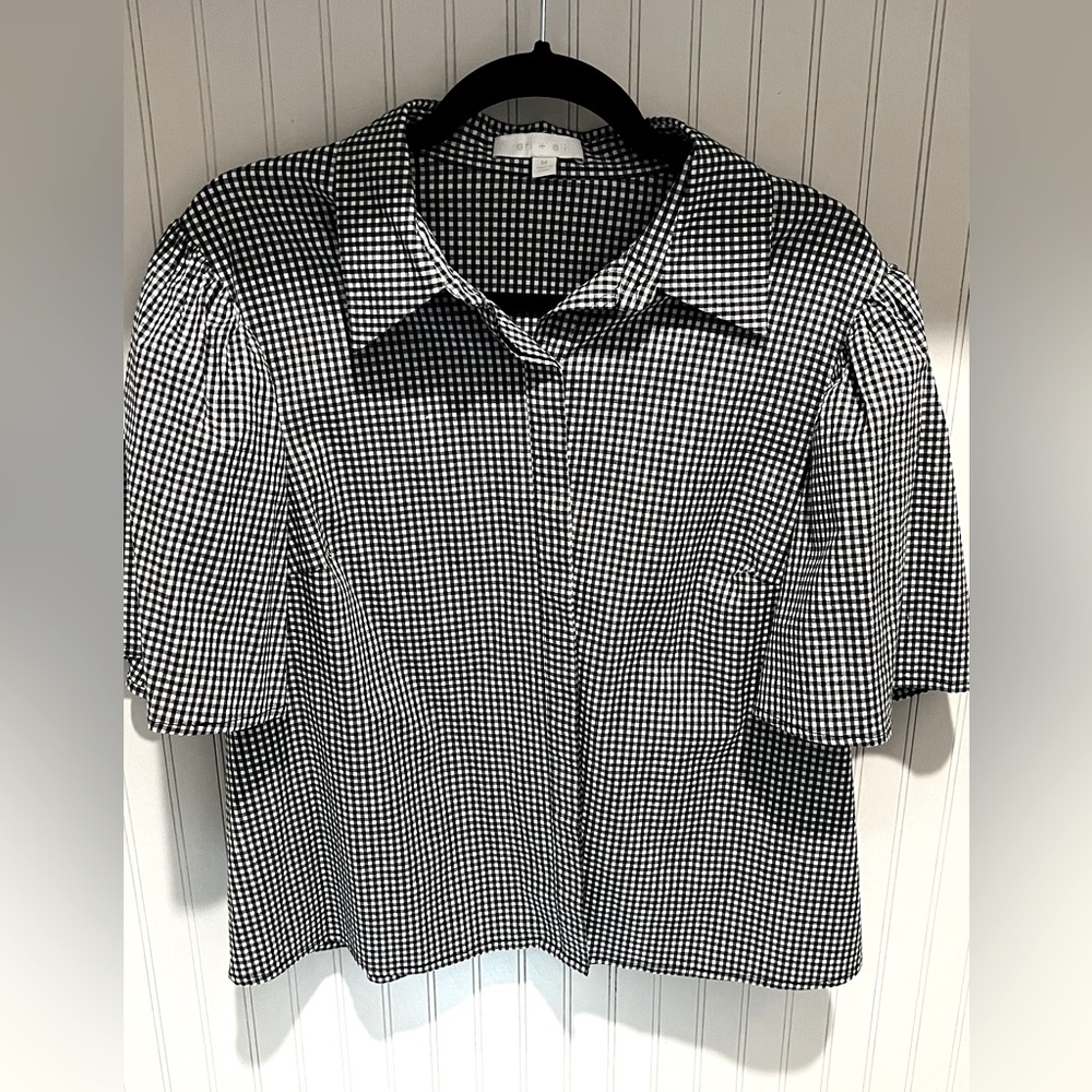 Anthropology Eri + Ali Black and White Check Gingham Top Bell Sleeves SIZE M